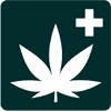 Grafik eines Cannabisblattes mit einem Plus-Zeichen in einem dunkelgrünen Viereck. Teil des CannaRoKo Logos